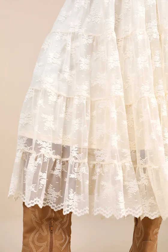 Exceptionally Graceful Cream Lace High-Rise Tiered Midi Skirt sold by Lulus product image thumbnail 4
