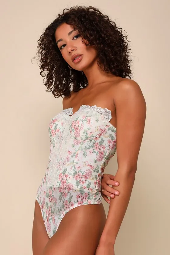 Flirtatious Flowers Cream Floral Lace Strapless Bustier Bodysuit sold by Lulus product image thumbnail 4
