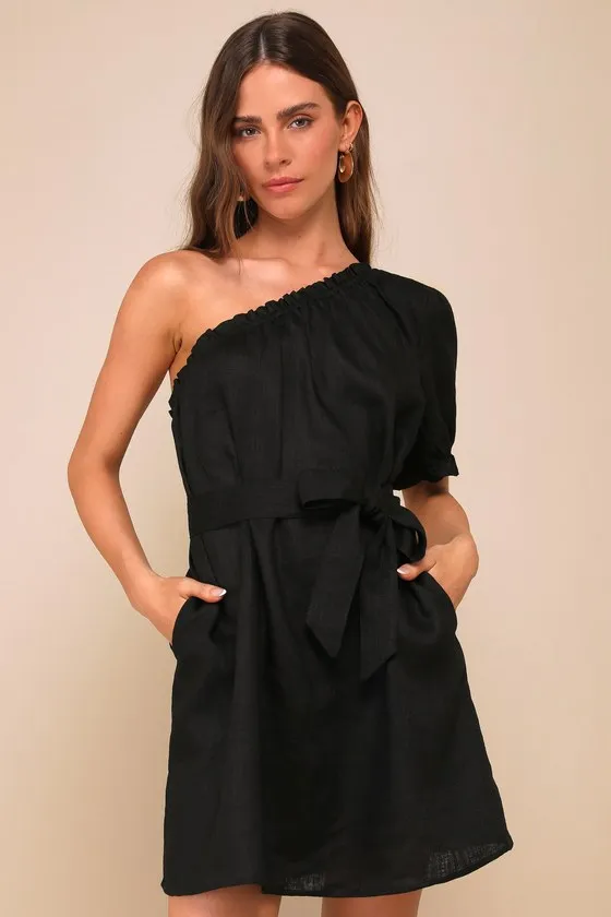 Truly Cute Black Linen One-Shoulder Mini Dress With Pockets sold by Lulus