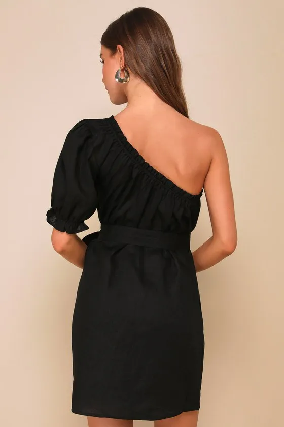 Truly Cute Black Linen One-Shoulder Mini Dress With Pockets sold by Lulus product image thumbnail 3