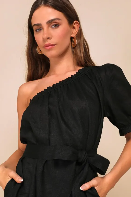 Truly Cute Black Linen One-Shoulder Mini Dress With Pockets sold by Lulus product image thumbnail 4