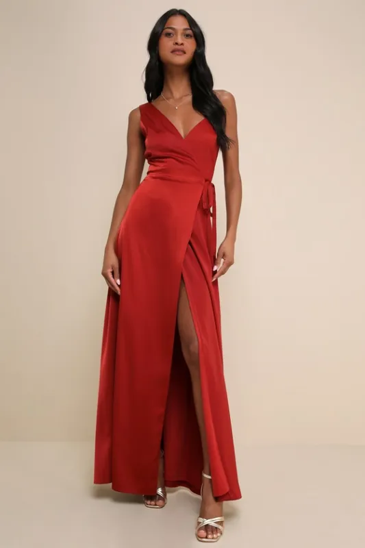 Poised Sophistication Rust Red Satin Wrap Maxi Dress sold by Lulus