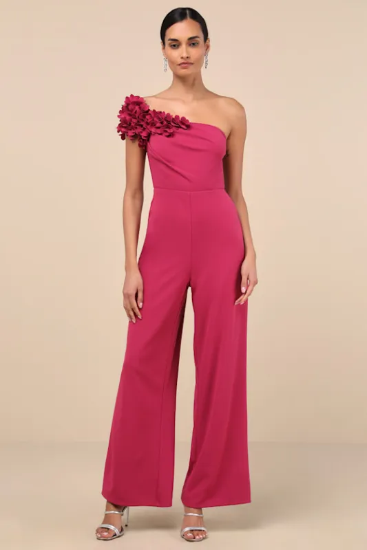 Damara Magenta Floral Applique One-Shoulder Jumpsuit sold by Lulus