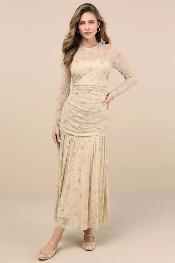 Easy Delight Beige Floral Drop Waist Maxi Dress sold by Lulus