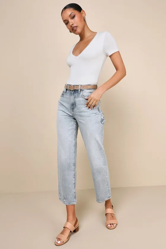 Sundaze Light Wash High-Rise Cropped Utility Jeans sold by Lulus