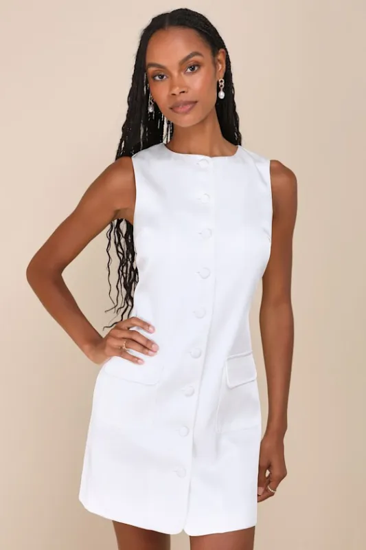 Sophisticated Icon White Satin Button-Up Mini Dress With Pockets sold by Lulus