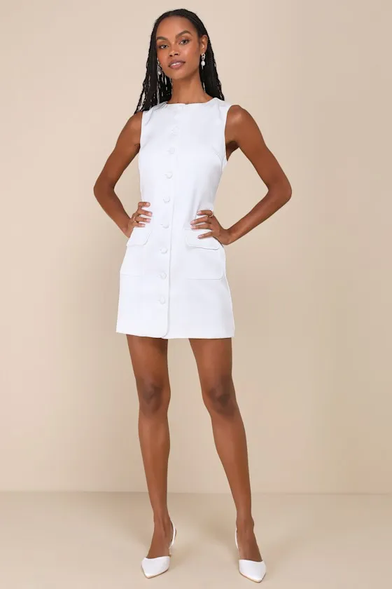 Sophisticated Icon White Satin Button-Up Mini Dress With Pockets sold by Lulus product image thumbnail 3