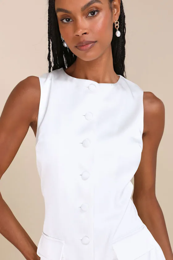 Sophisticated Icon White Satin Button-Up Mini Dress With Pockets sold by Lulus product image thumbnail 4