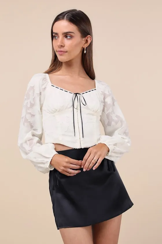 Flirtatious Outlook Ivory Burnout Ribbon Long Sleeve Bustier Top sold by Lulus