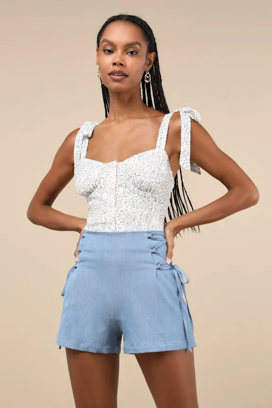 Lasting Fun Blue Chambray Lace-Up High-Rise Shorts sold by Lulus