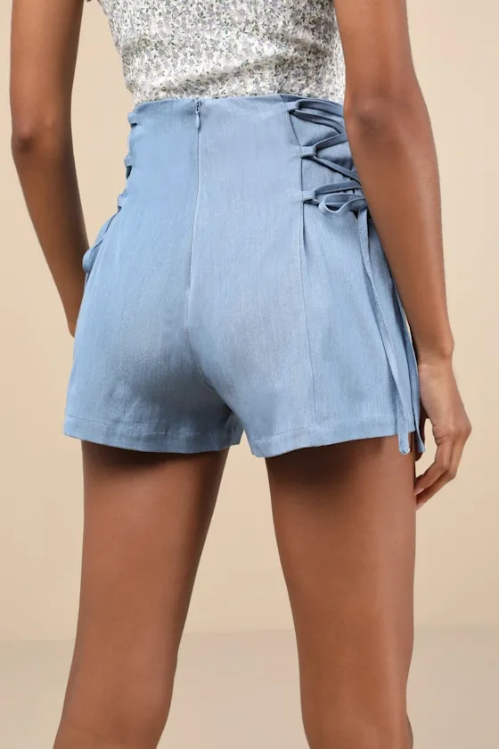 Lasting Fun Blue Chambray Lace-Up High-Rise Shorts sold by Lulus product image thumbnail 2