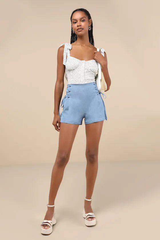 Lasting Fun Blue Chambray Lace-Up High-Rise Shorts sold by Lulus product image thumbnail 4