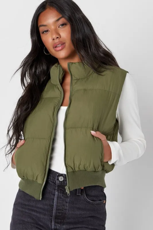Warm Aesthetic Olive Green Mock Neck Puffer Vest sold by Lulus