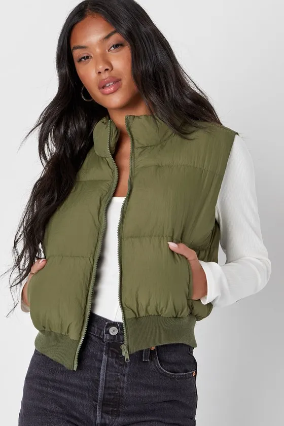 Warm Aesthetic Olive Green Mock Neck Puffer Vest sold by Lulus