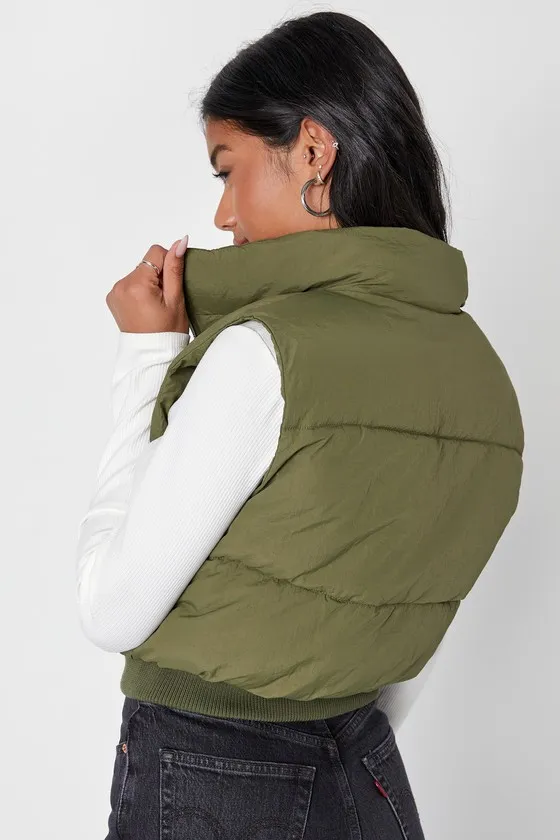 Warm Aesthetic Olive Green Mock Neck Puffer Vest sold by Lulus product image thumbnail 3