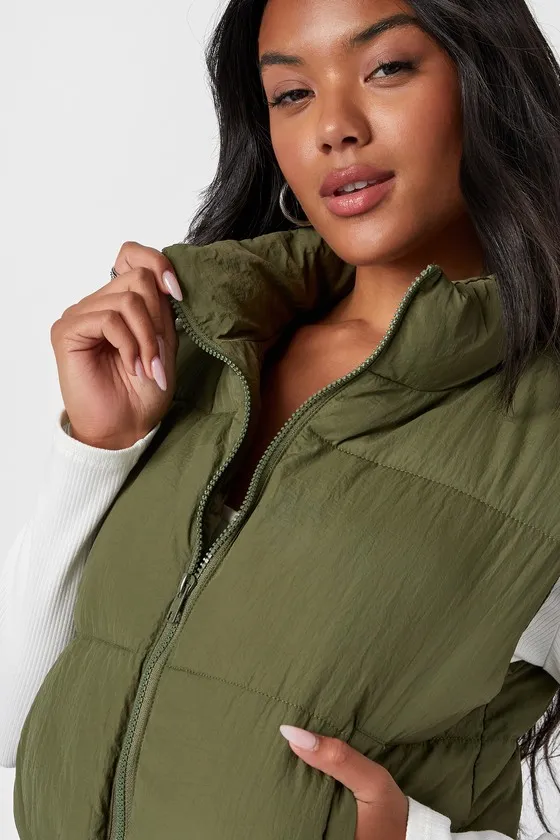Warm Aesthetic Olive Green Mock Neck Puffer Vest sold by Lulus product image thumbnail 4