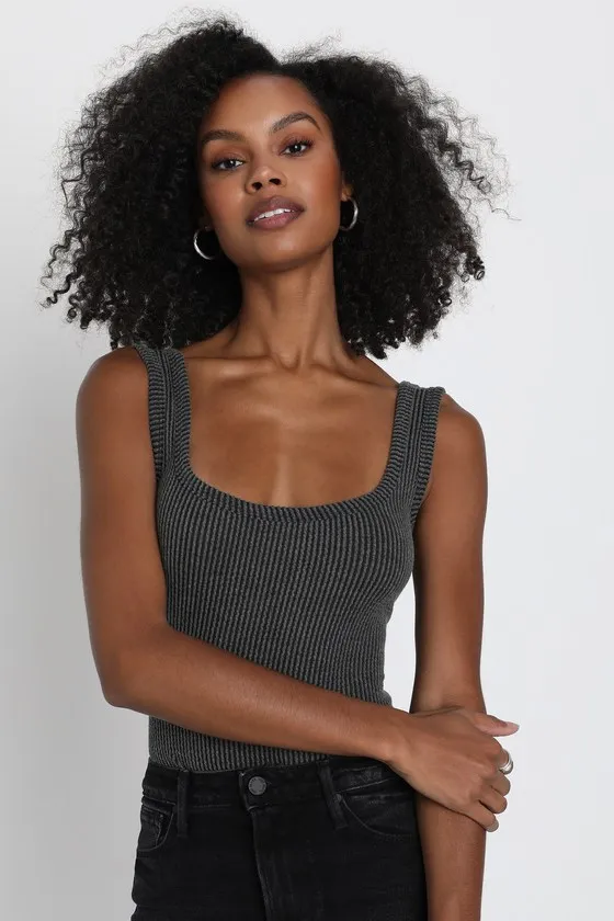 Leisure Life Charcoal Grey Ribbed Square-Neck Tank Top sold by Lulus product image thumbnail 4