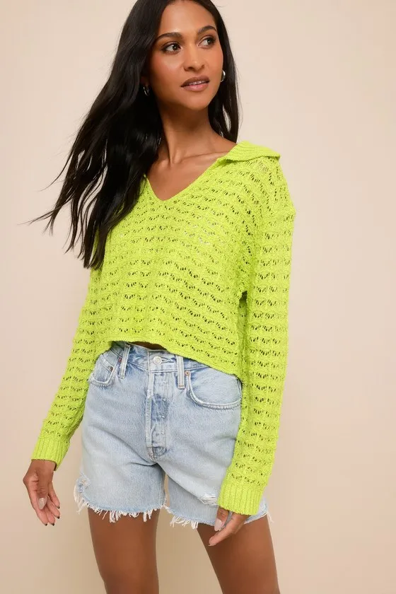 Adorable Enthusiasm Green Pointelle Collared Cropped Sweater sold by Lulus