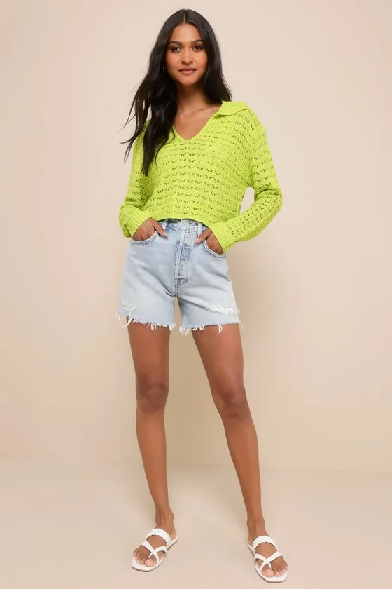 Adorable Enthusiasm Green Pointelle Collared Cropped Sweater sold by Lulus product image thumbnail 2