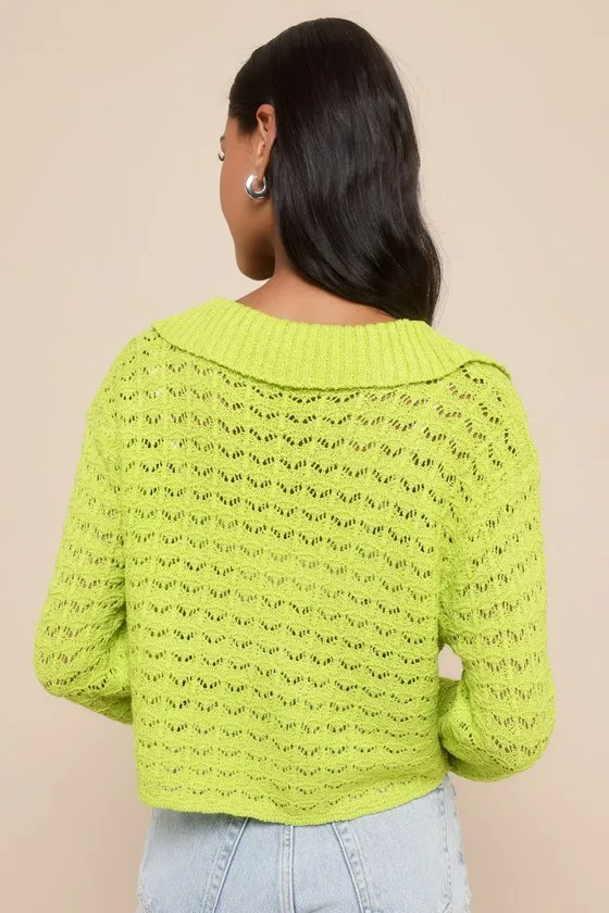 Adorable Enthusiasm Green Pointelle Collared Cropped Sweater sold by Lulus product image thumbnail 3