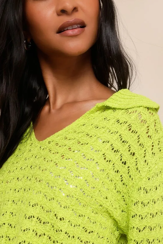 Adorable Enthusiasm Green Pointelle Collared Cropped Sweater sold by Lulus product image thumbnail 4