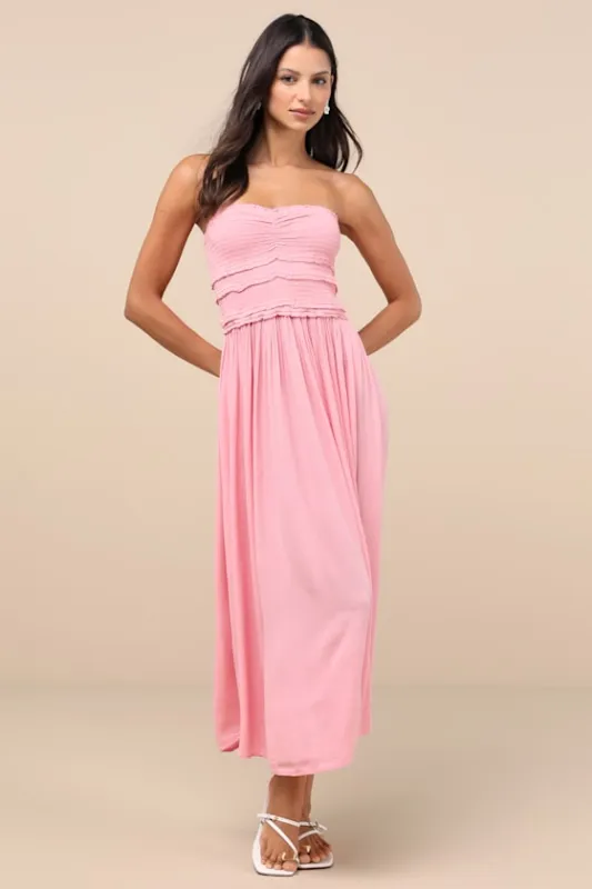 Devyn Pink Smocked Strapless Midi Dress sold by Lulus