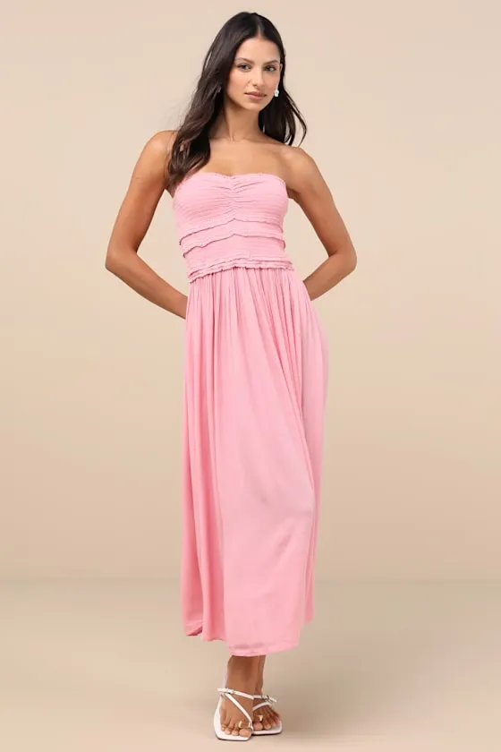 Devyn Pink Smocked Strapless Midi Dress sold by Lulus