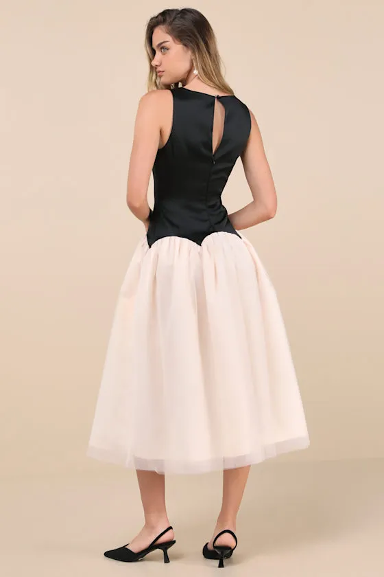 Contemporary Elegance Black and Cream Satin Tulle Midi Dress sold by Lulus product image thumbnail 2