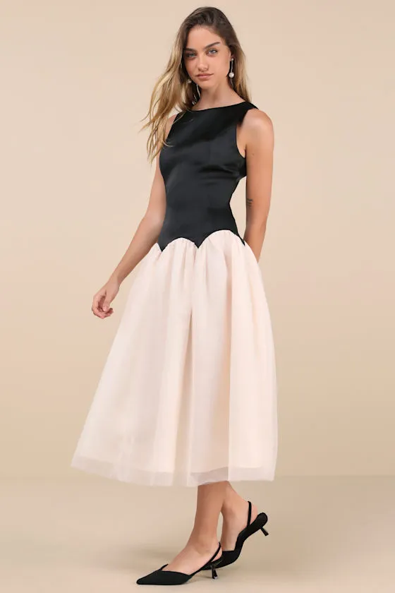 Contemporary Elegance Black and Cream Satin Tulle Midi Dress sold by Lulus product image thumbnail 3