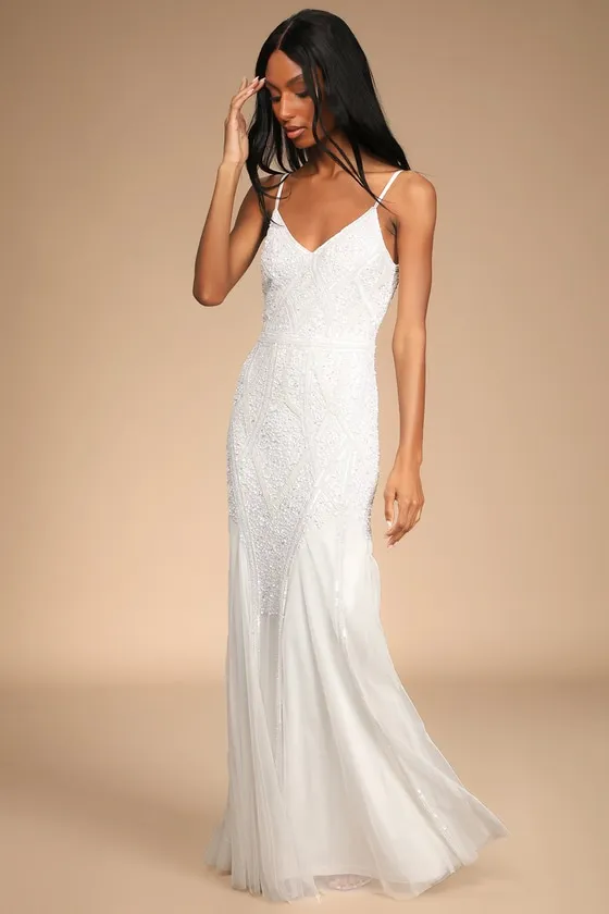 Just the Beginning White Beaded Sequin Mermaid Maxi Dress sold by Lulus