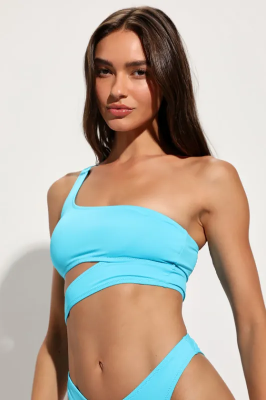 Sun and Games Teal Blue One-Shoulder Cutout Bikini Top sold by Lulus