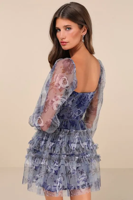 Adoring Whimsy Blue Floral Mesh Ruffled Mini Dress sold by Lulus product image thumbnail 2