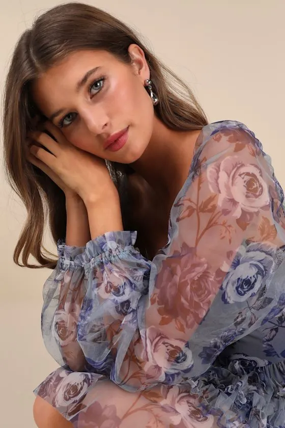 Adoring Whimsy Blue Floral Mesh Ruffled Mini Dress sold by Lulus product image thumbnail 4