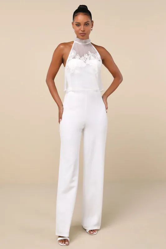 Formally Invited White Embroidered Organza Flounce Jumpsuit sold by Lulus