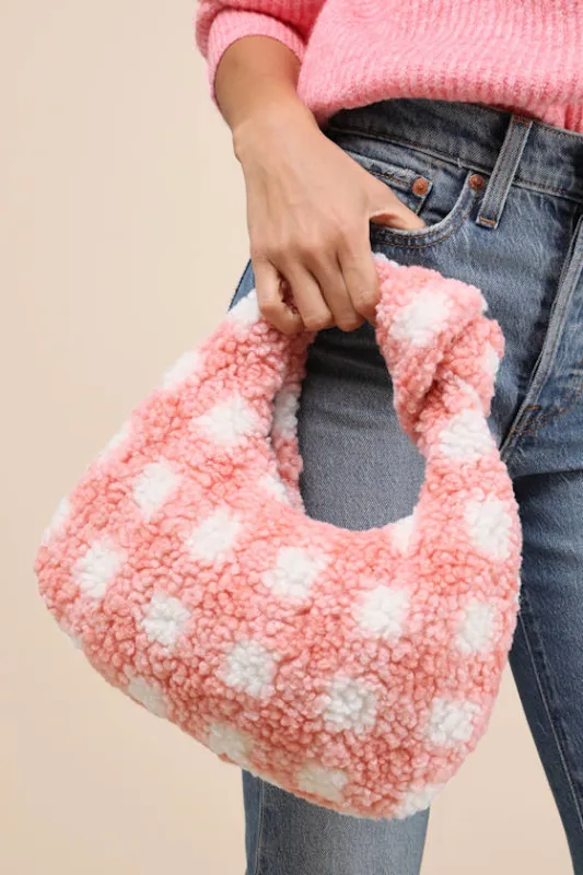 Melorna Pink Plaid Shearling Knotted Handbag made by Lulus