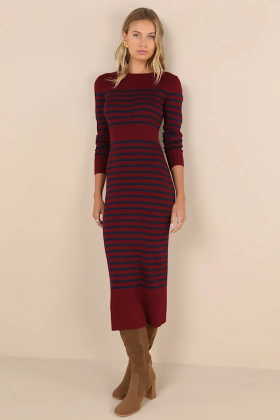 Effortlessly Ready Burgundy Striped Ribbed Midi Sweater Dress sold by Lulus