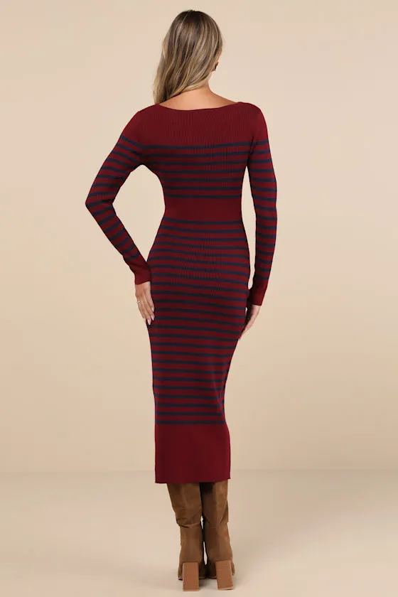 Effortlessly Ready Burgundy Striped Ribbed Midi Sweater Dress sold by Lulus product image thumbnail 2
