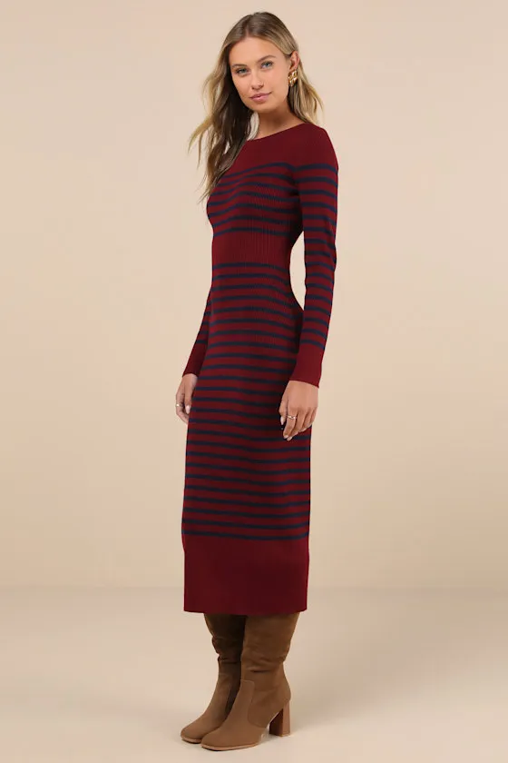 Effortlessly Ready Burgundy Striped Ribbed Midi Sweater Dress sold by Lulus product image thumbnail 3