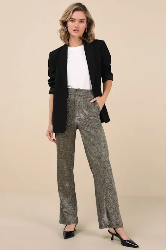 Shiniest Stance Gold Glitter High-Rise Wide-Leg Trousers sold by Lulus