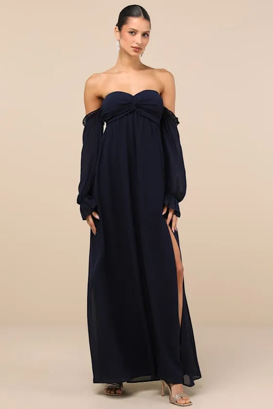 Glorious Invite Navy Blue Knotted Off-the-Shoulder Maxi Dress sold by Lulus