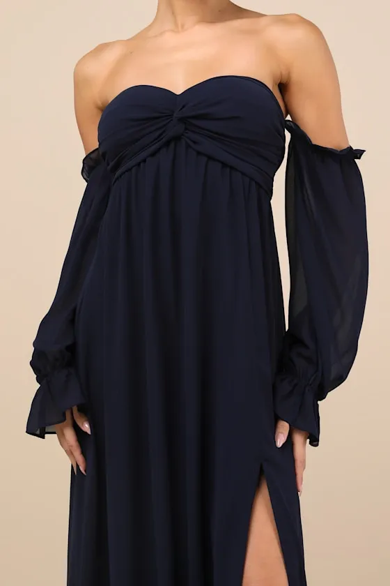 Glorious Invite Navy Blue Knotted Off-the-Shoulder Maxi Dress sold by Lulus product image thumbnail 4