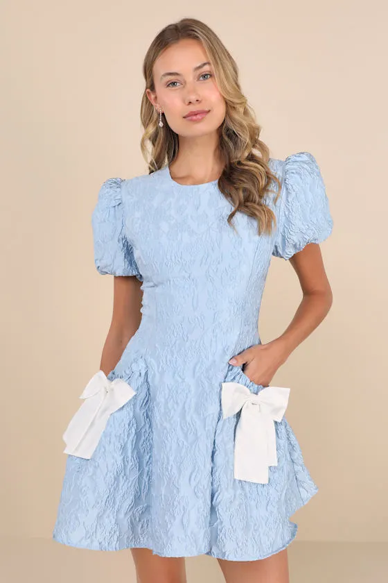 Blue Eyes Light Blue Jacquard Bow Mini Dress sold by Lulus