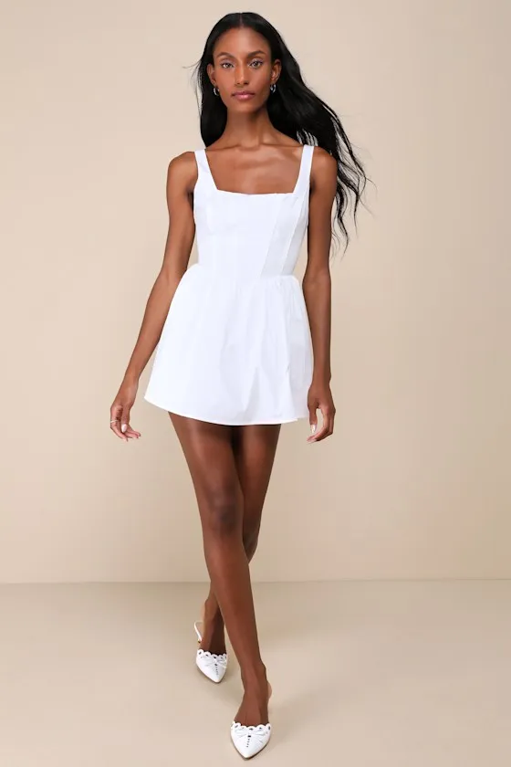 Endearing Energy White Poplin Square Neck Bustier Skort Romper sold by Lulus