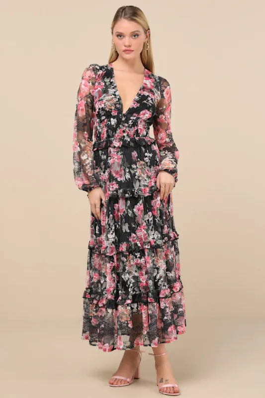 Kingsly Black Floral Lace Long Sleeve Tiered Midi Dress sold by Lulus