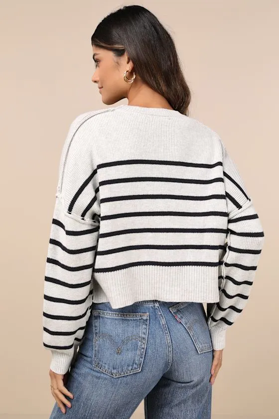 Comfortable Cuteness Grey and Black Striped Cropped Sweater sold by Lulus product image thumbnail 3
