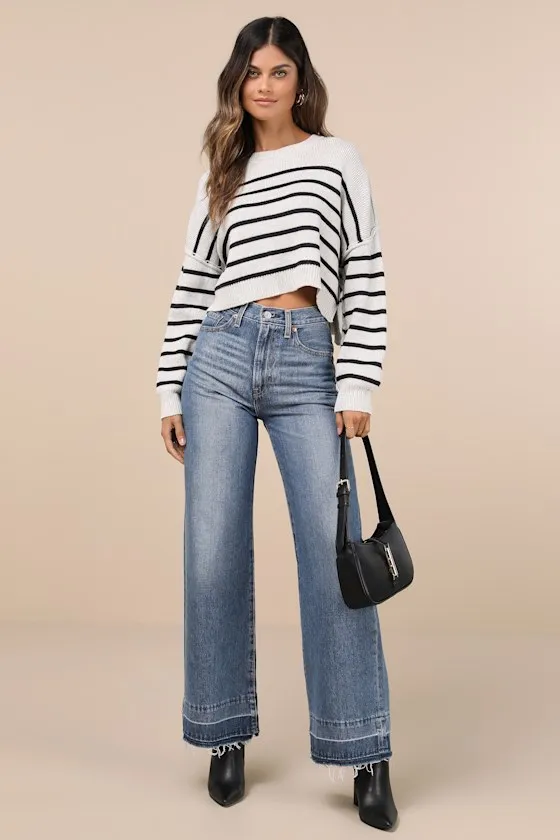 Comfortable Cuteness Grey and Black Striped Cropped Sweater sold by Lulus product image thumbnail 4