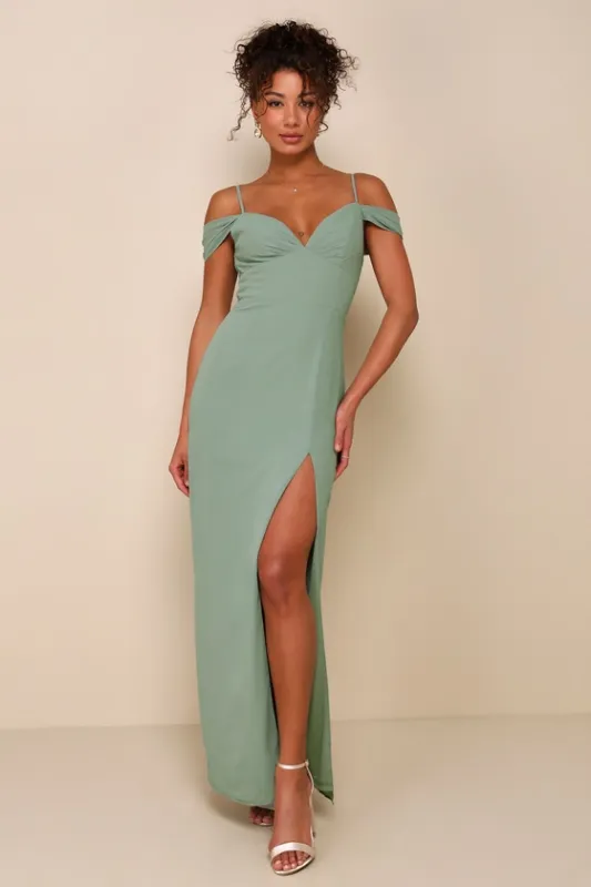 Lovely Enchantment Sage Brush Cold-Shoulder Column Maxi Dress sold by Lulus