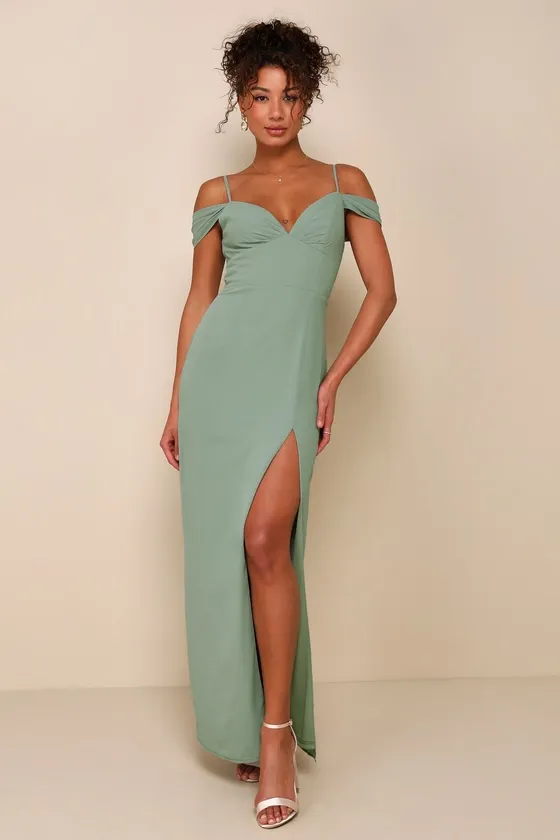 Lovely Enchantment Sage Brush Cold-Shoulder Column Maxi Dress sold by Lulus