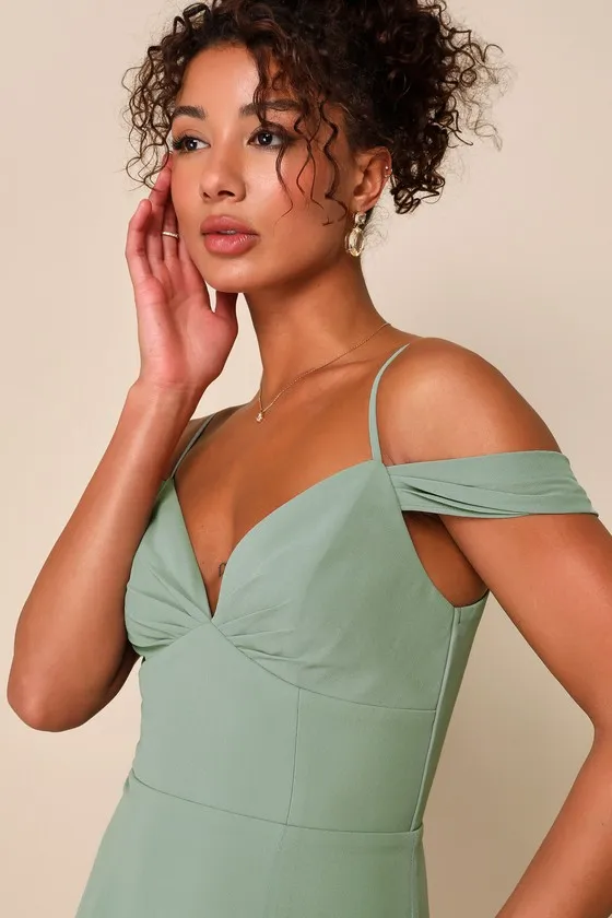 Lovely Enchantment Sage Brush Cold-Shoulder Column Maxi Dress sold by Lulus product image thumbnail 3