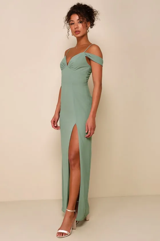 Lovely Enchantment Sage Brush Cold-Shoulder Column Maxi Dress sold by Lulus product image thumbnail 4